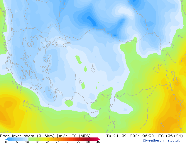 Deep layer shear (0-6km) EC (AIFS) di 24.09.2024 06 UTC