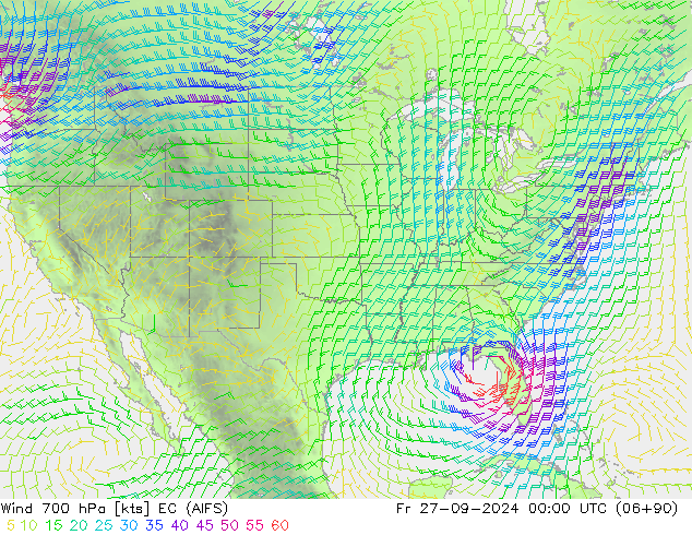 Rüzgar 700 hPa EC (AIFS) Cu 27.09.2024 00 UTC