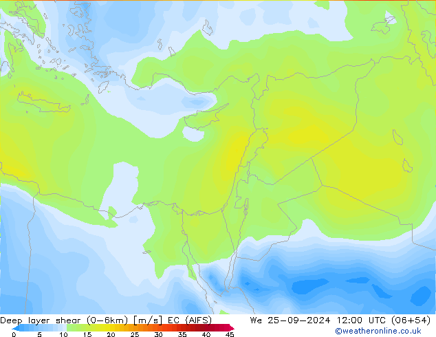 Deep layer shear (0-6km) EC (AIFS) wo 25.09.2024 12 UTC