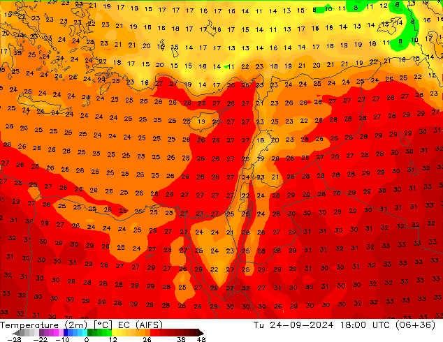 mapa temperatury (2m) EC (AIFS) wto. 24.09.2024 18 UTC