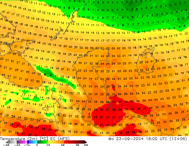 Temperature (2m) EC (AIFS) Mo 23.09.2024 18 UTC