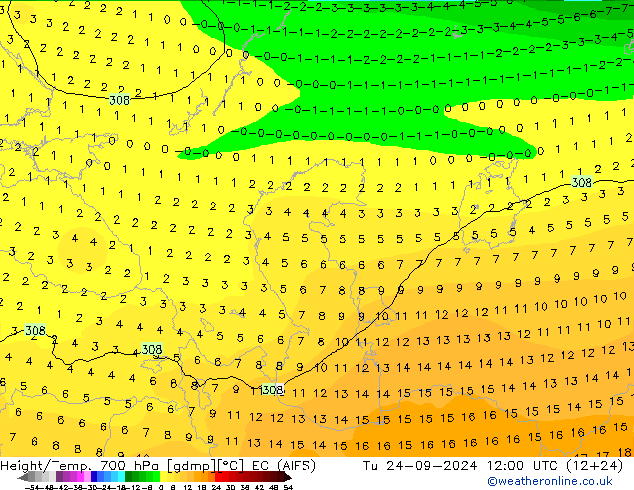 Géop./Temp. 700 hPa EC (AIFS) mar 24.09.2024 12 UTC