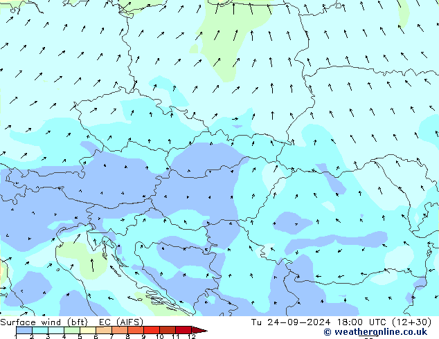 Rüzgar 10 m (bft) EC (AIFS) Sa 24.09.2024 18 UTC