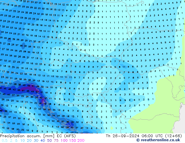 Precipitation accum. EC (AIFS)  26.09.2024 06 UTC