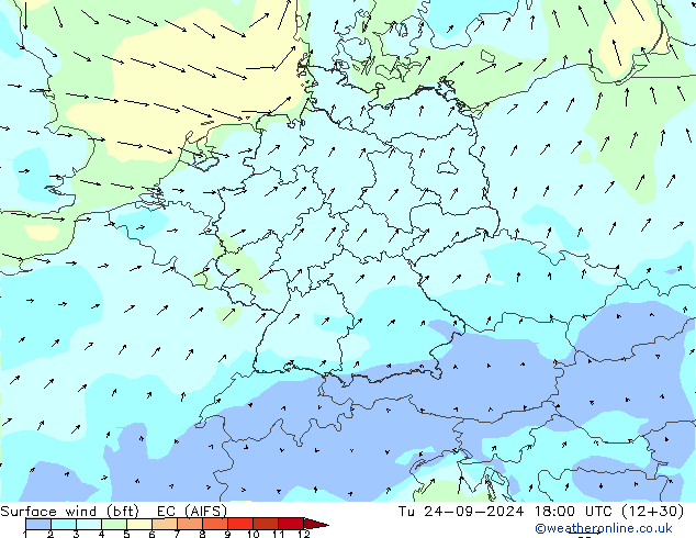 Viento 10 m (bft) EC (AIFS) mar 24.09.2024 18 UTC