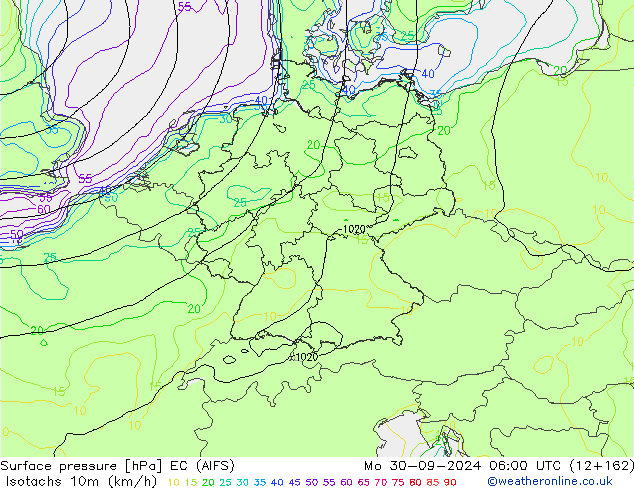 Isotachs (kph) EC (AIFS) Po 30.09.2024 06 UTC