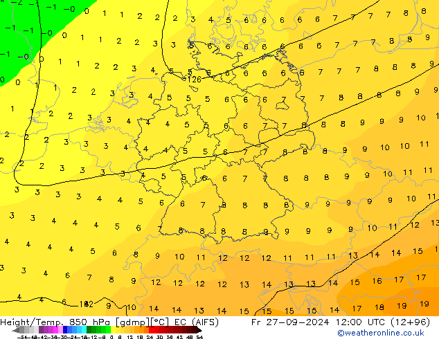 Height/Temp. 850 hPa EC (AIFS) ven 27.09.2024 12 UTC