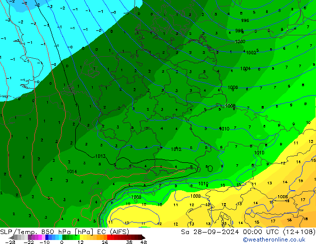 850 hPa Yer Bas./Sıc EC (AIFS) Cts 28.09.2024 00 UTC