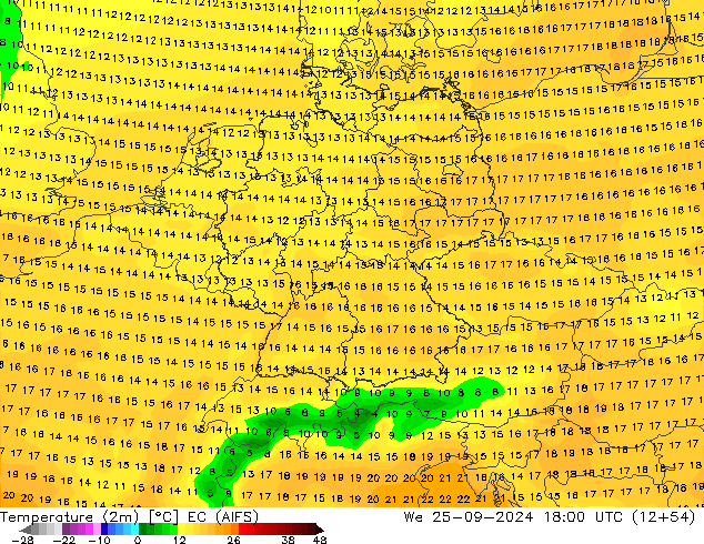 Temperature (2m) EC (AIFS) We 25.09.2024 18 UTC
