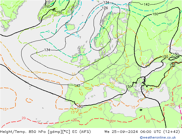 Géop./Temp. 850 hPa EC (AIFS) mer 25.09.2024 06 UTC