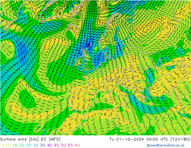 Wind 10 m EC (AIFS) di 01.10.2024 00 UTC