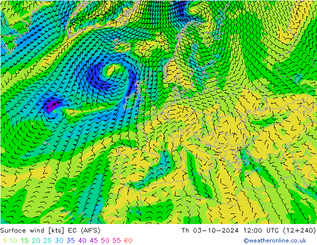 Surface wind EC (AIFS) Čt 03.10.2024 12 UTC