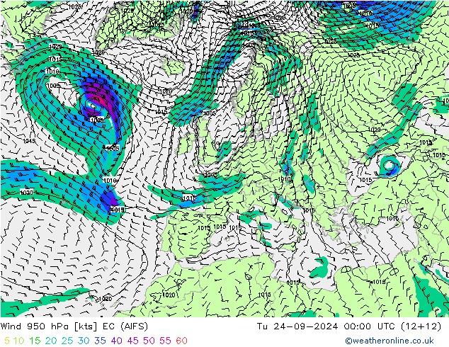 Viento 950 hPa EC (AIFS) mar 24.09.2024 00 UTC