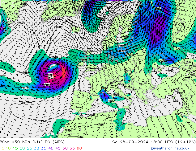 Wind 950 hPa EC (AIFS) So 28.09.2024 18 UTC