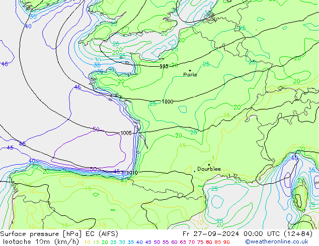 Isotachs (kph) EC (AIFS) ven 27.09.2024 00 UTC