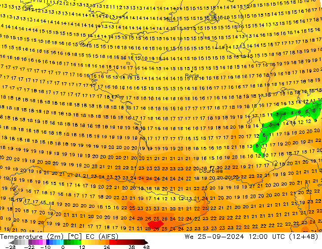 Temperature (2m) EC (AIFS) We 25.09.2024 12 UTC