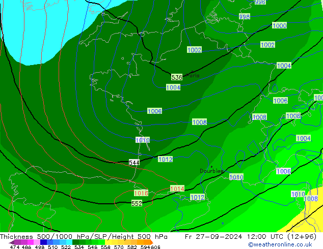 Dikte 500-1000hPa EC (AIFS) vr 27.09.2024 12 UTC