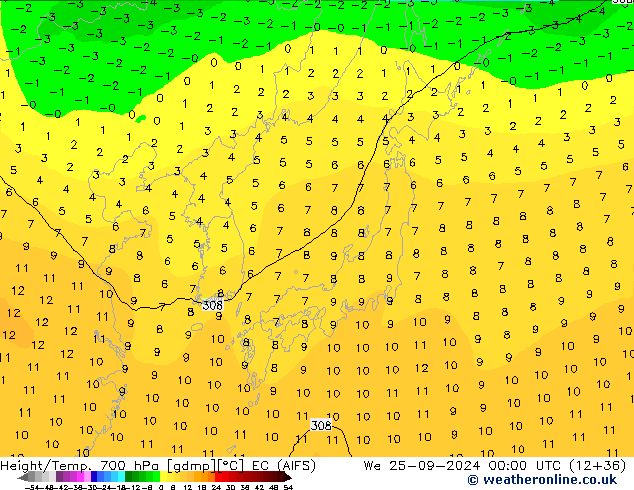 Height/Temp. 700 hPa EC (AIFS) Qua 25.09.2024 00 UTC