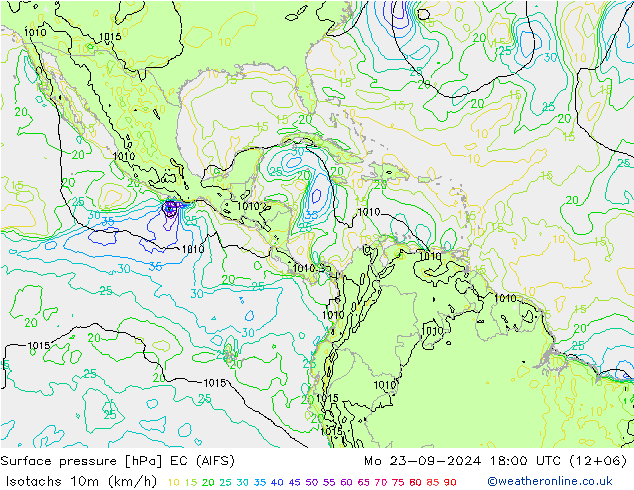 Isotachen (km/h) EC (AIFS) ma 23.09.2024 18 UTC