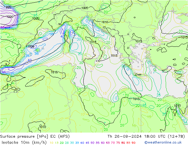 Isotachs (kph) EC (AIFS)  26.09.2024 18 UTC