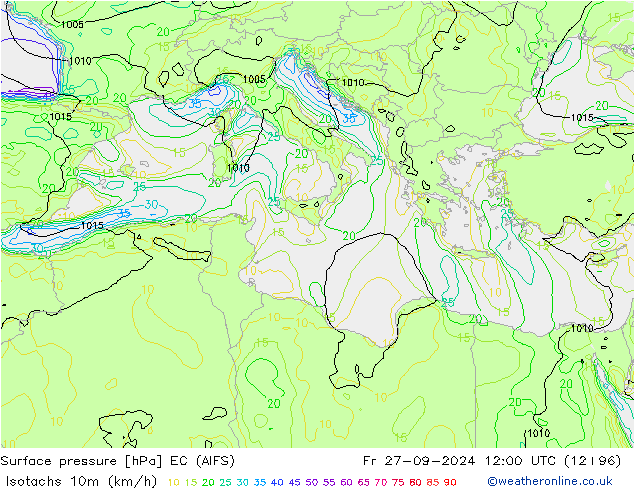 Isotachs (kph) EC (AIFS) Pá 27.09.2024 12 UTC