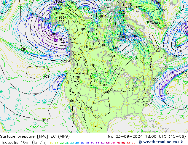 Isotachs (kph) EC (AIFS) Mo 23.09.2024 18 UTC