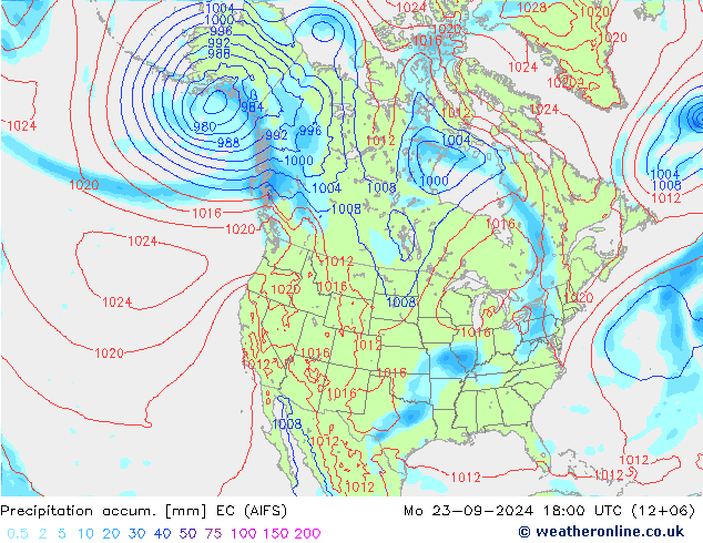 Precipitation accum. EC (AIFS) Mo 23.09.2024 18 UTC