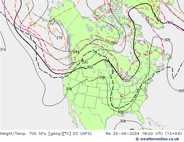 Height/Temp. 700 hPa EC (AIFS) śro. 25.09.2024 18 UTC