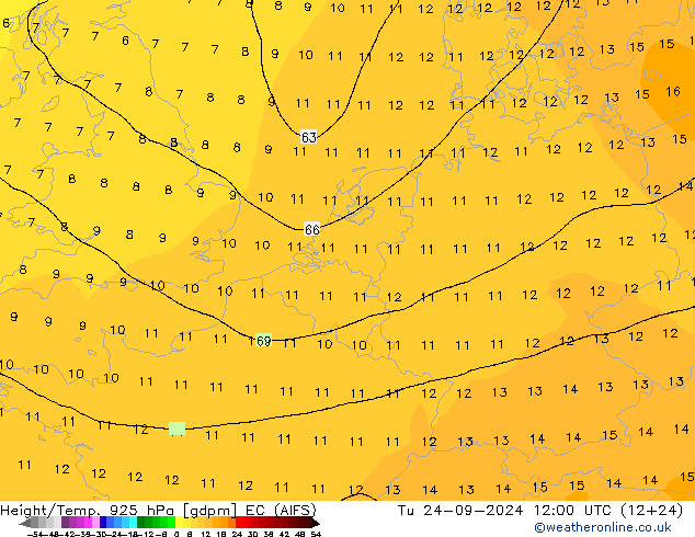 Yükseklik/Sıc. 925 hPa EC (AIFS) Sa 24.09.2024 12 UTC