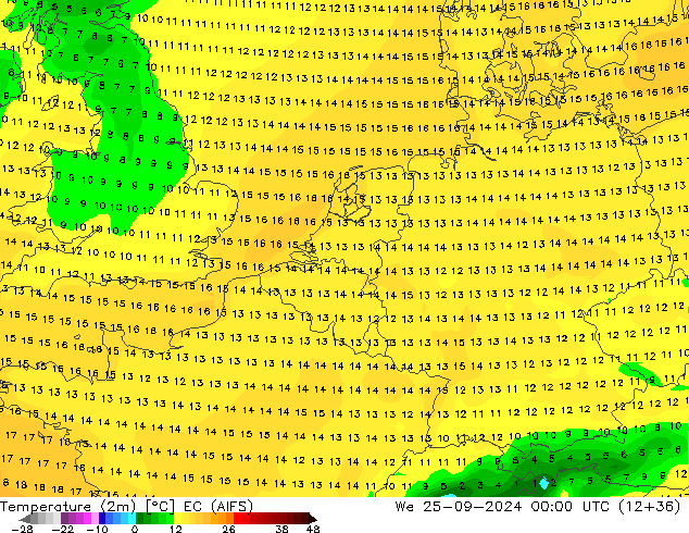 température (2m) EC (AIFS) mer 25.09.2024 00 UTC