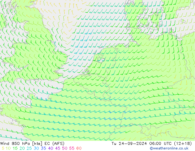 Wind 850 hPa EC (AIFS) Tu 24.09.2024 06 UTC