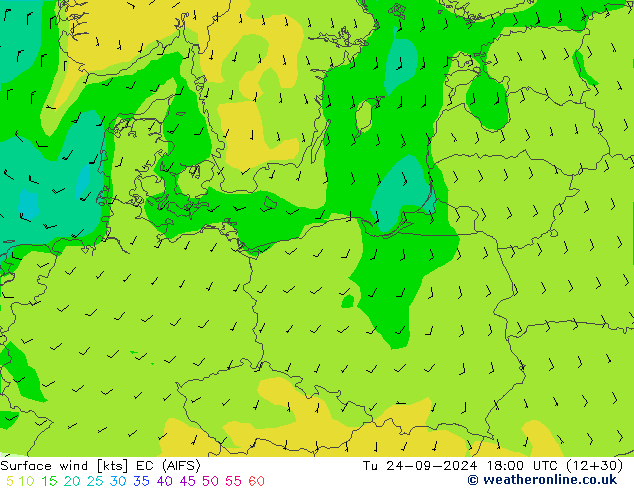 wiatr 10 m EC (AIFS) wto. 24.09.2024 18 UTC