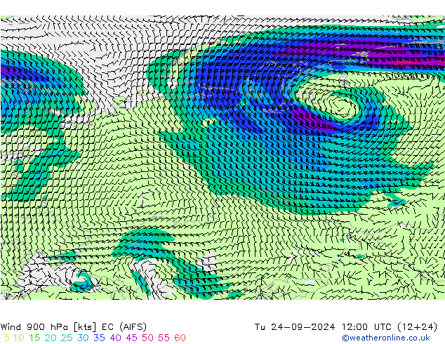 Wind 900 hPa EC (AIFS) Tu 24.09.2024 12 UTC