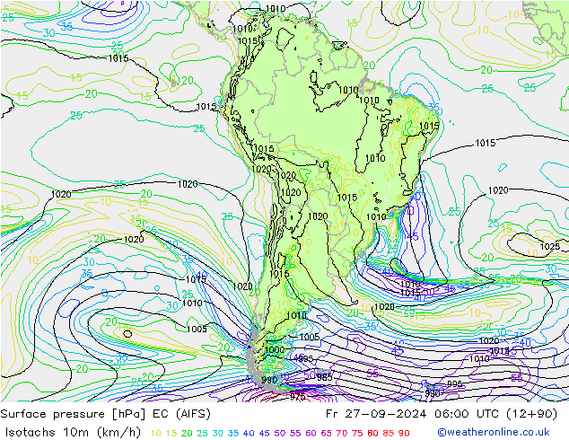 Isotachs (kph) EC (AIFS) ven 27.09.2024 06 UTC