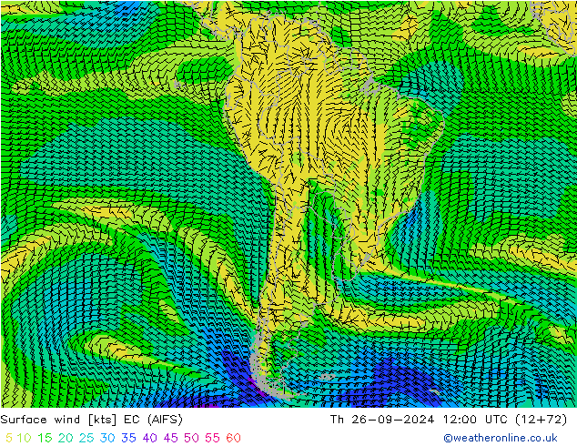 Vent 10 m EC (AIFS) jeu 26.09.2024 12 UTC
