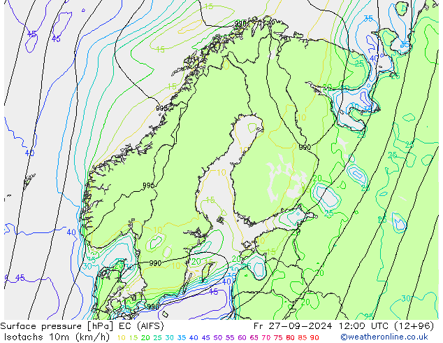 Isotachs (kph) EC (AIFS) пт 27.09.2024 12 UTC