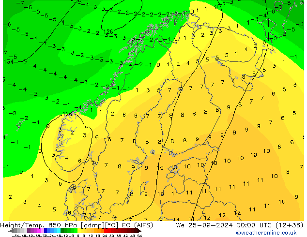 Height/Temp. 850 hPa EC (AIFS) śro. 25.09.2024 00 UTC