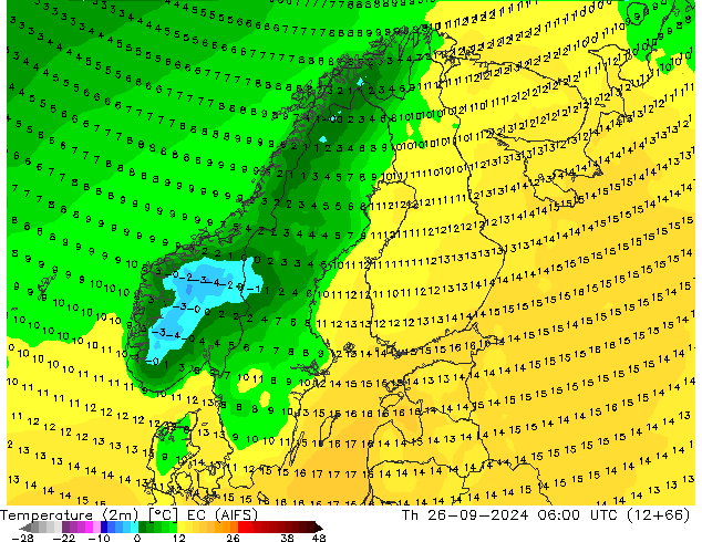 Temperatura (2m) EC (AIFS) Qui 26.09.2024 06 UTC