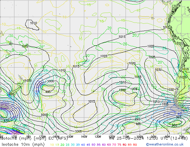 Izotacha (mph) EC (AIFS) śro. 25.09.2024 12 UTC