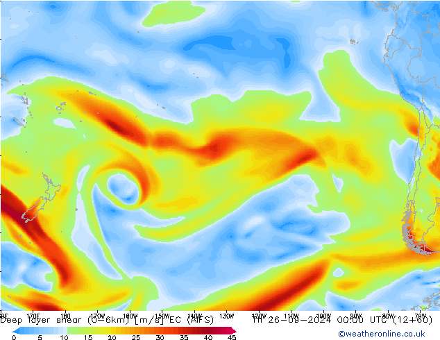 Deep layer shear (0-6km) EC (AIFS) Per 26.09.2024 00 UTC