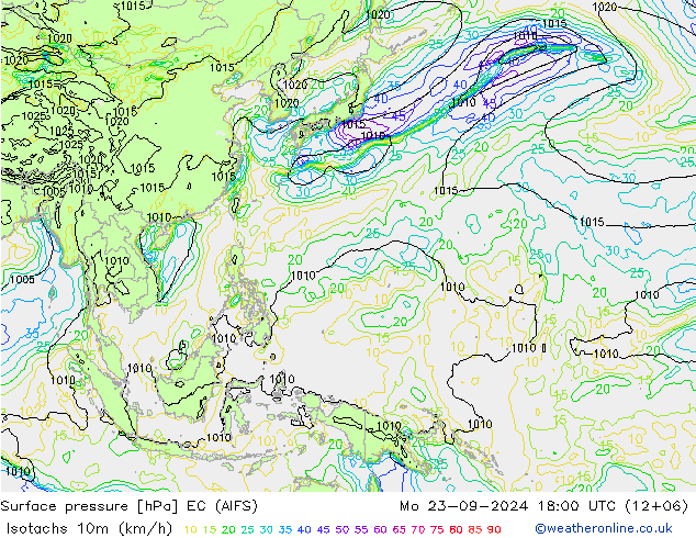 Izotacha (km/godz) EC (AIFS) pon. 23.09.2024 18 UTC