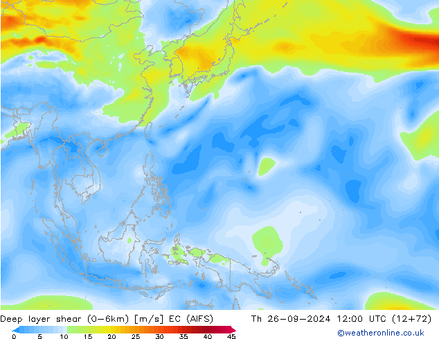 Deep layer shear (0-6km) EC (AIFS) Th 26.09.2024 12 UTC