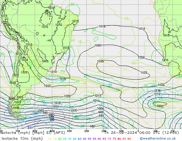 Isotachs (mph) EC (AIFS) Qui 26.09.2024 06 UTC