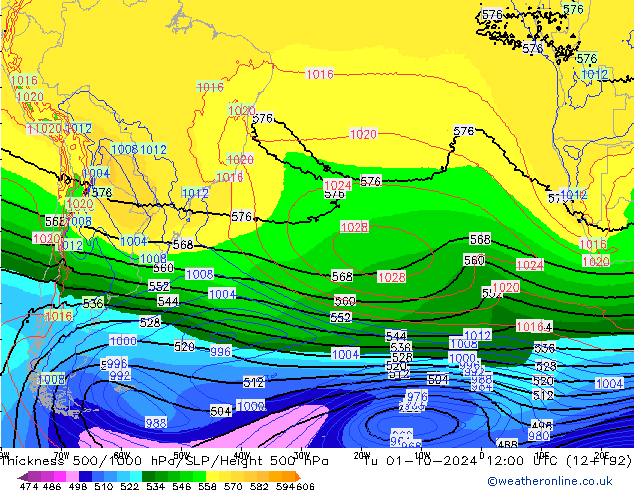 Espesor 500-1000 hPa EC (AIFS) mar 01.10.2024 12 UTC