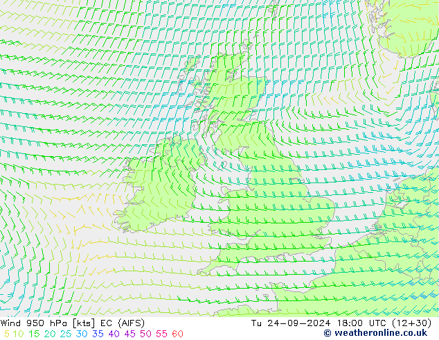 Wind 950 hPa EC (AIFS) Tu 24.09.2024 18 UTC