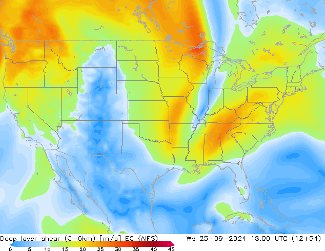 Deep layer shear (0-6km) EC (AIFS) We 25.09.2024 18 UTC