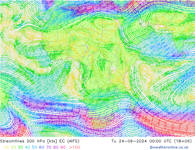 Linea di flusso 200 hPa EC (AIFS) mar 24.09.2024 00 UTC