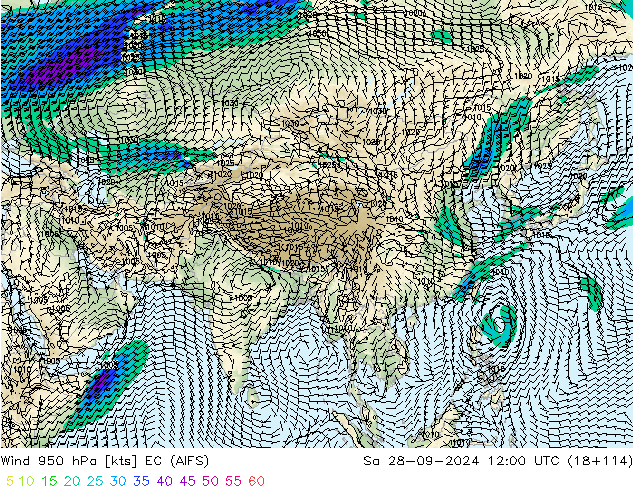 ветер 950 гПа EC (AIFS) сб 28.09.2024 12 UTC