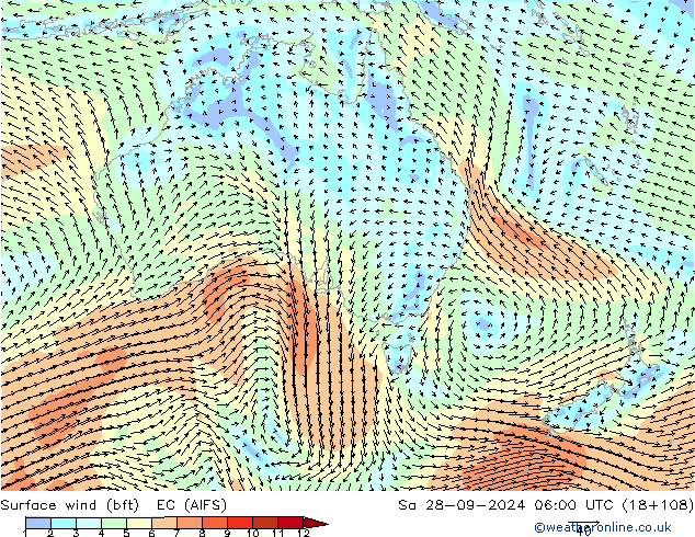 Wind 10 m (bft) EC (AIFS) za 28.09.2024 06 UTC