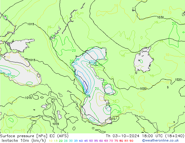 Isotachs (kph) EC (AIFS) чт 03.10.2024 18 UTC